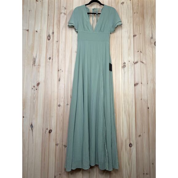 NWT Lulus Promise Of Love Sage Brush Flutter Sleeve Maxi Dress Bridesmaid Size M - Picture 2 of 8